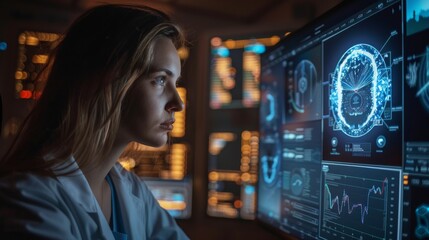  A female doctor in a white coat is looking at a computer screen with a brain scan on it.
