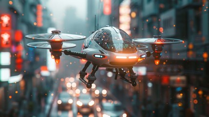 A high-tech drone with illuminated elements flies through a dense urban environment, signaling a new era of sophisticated urban surveillance and transport. - obrazy, fototapety, plakaty