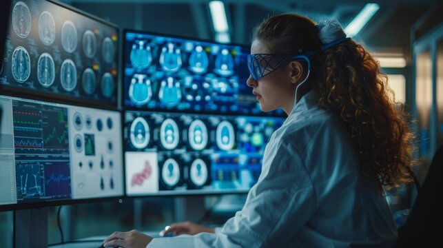  A female scientist wearing a lab coat and safety goggles works on a computer in a futuristic laboratory.