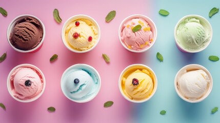 Assorted scoops of ice cream in bowls on a colorful gradient background