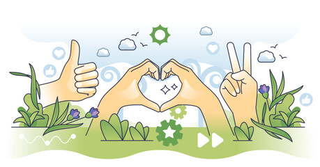 Nonverbal communication with hand gestures outline hands concept. Feelings and emotion expression with signs and signals vector illustration. Information exchange with peace, love and like symbols.