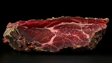 Close-up of marbled Iberico ham slice on a black background.