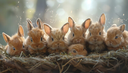 A group of baby rabbits are nestled in a pile of hay - Powered by Adobe