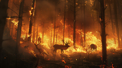Forest fire, animals die, animals deer escape the fire 