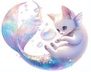 A cute cartoon cat with a fish tail instead of legs, playing with bubbles.