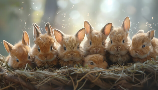A group of baby rabbits are nestled in a pile of hay