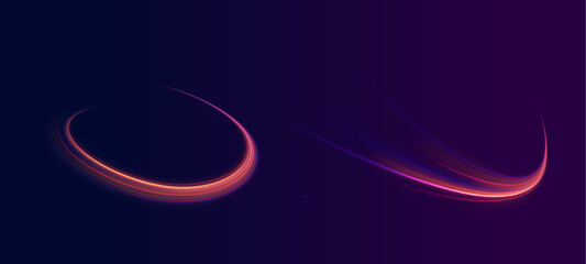 Particle motion light effect. Abstract fire flare trace lens flares. Long exposure of motorways as speed. Night motorway with light effects in neon colors purple.	
