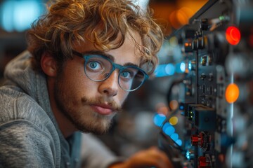 Young man with glasses intensely working on complex electronic equipment with glowing lights