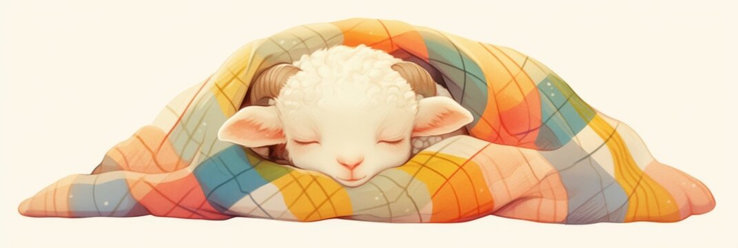 A cute cartoon lamb sleeping under a patchwork blanket