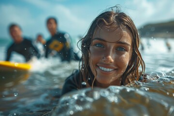 Smiling young female surfer with wet hair enjoying ocean waves during a surf session
