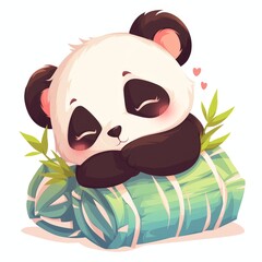 A cute cartoon panda sleeping on a bamboo pillow - obrazy, fototapety, plakaty