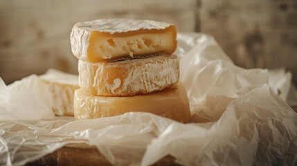 Stack of various artisanal cheeses on rustic wooden background with wax paper.