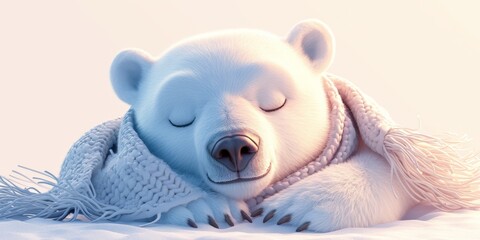 A cute cartoon polar bear sleeping in the snow wearing a scarf - obrazy, fototapety, plakaty