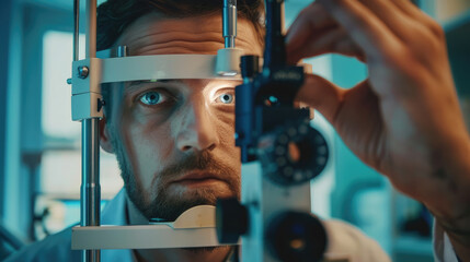 Man checking his eyesight in a modern ophthalmologist office - obrazy, fototapety, plakaty