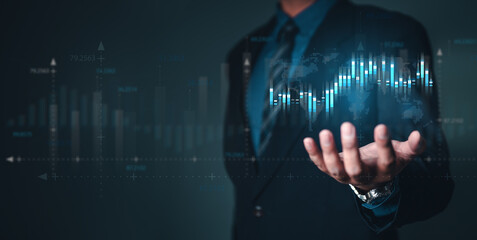 candlestick, bar, chart, diagram, future, graph, management, growth, marketing, investment. A man is holding graph. The graph is a representation of a stock market, and holding it up to show its.