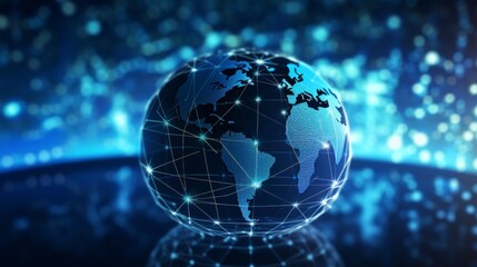 Closeup of a deep blue globe with digital financial networks overlay, illustrating the dynamic nature of global finance and electronic trading