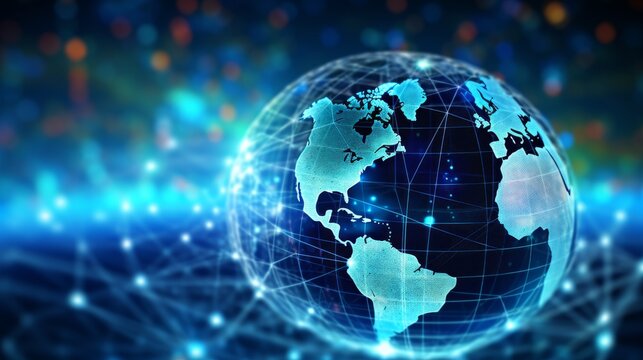 Closeup of a deep blue globe with digital financial networks overlay, illustrating the dynamic nature of global finance and electronic trading - Powered by Adobe