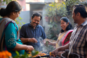 Indian neighbors enjoying backyard barbecue