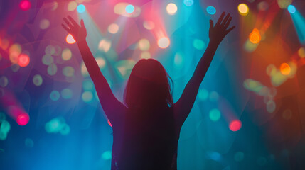 A woman enjoying a concert, lifting her arms in the air with the stage lights casting vibrant hues over her. Shallow depth of field, blurred background