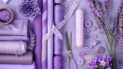 Sewing supplies and flowers on purple backdrop