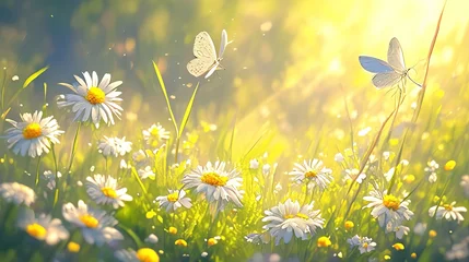 Foto op Canvas Beautiful field meadow flowers chamomile and violet wild bells and three flying butterflies in morning green grass in sunlight, natural landscape. Delightful pastoral airy fresh artistic image nature. © mangsi