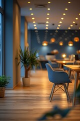 Cozy office canteen with warm lighting, wooden tables, and a comfortable blue chair