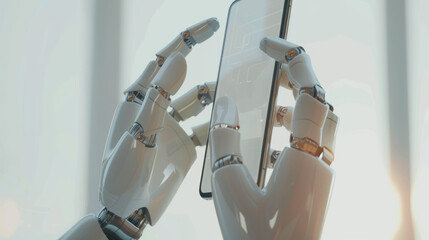 A minimalist photo of an AI interface on a smartphone, held by robotic fingers against a soft, focused background