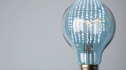 A simplistic setup of a classic light bulb with digital binary code projected onto a plain white background, symbolizing AI ideas
