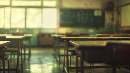 Minimalistic, blurry background of a classroom with vague outlines of desks.