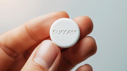 White round pill with text success in hands , white soft background, copy space. Business template. Generative AI - obrazy, fototapety, plakaty