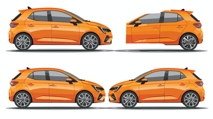 Orange hatchback car three angle set - obrazy, fototapety, plakaty