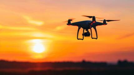 Fototapeta na wymiar A simplistic black silhouette of a drone flying against a bright sunset, emphasizing autonomous technology
