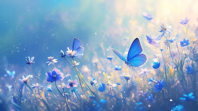 Beautiful summer nature scene with magic blue flowers and flying butterflies on green background. Wild meadow macro landscape.  ,Generative ai, 