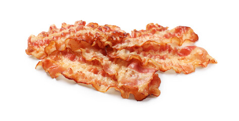 Delicious fried bacon slices isolated on white