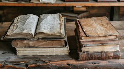 Old books and chronicles on a wooden table