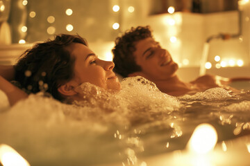 Couples' blissful bath under glimmering lights