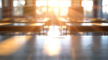 Minimalistic, blurry background of a classroom with vague outlines of desks. - obrazy, fototapety, plakaty