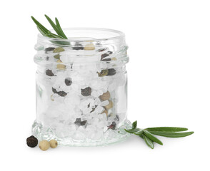 Salt with rosemary and peppercorns in jar isolated on white