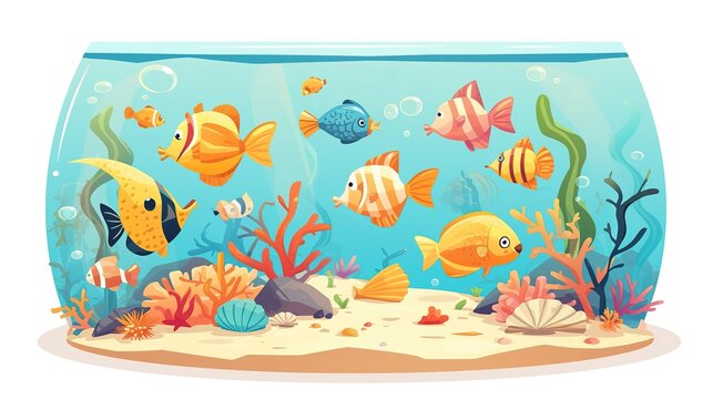 Big aquarium with different tropical fishes sand corals and shells illustration on white  ,Generative ai, 