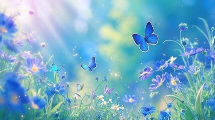 Fototapeta na wymiar Beautiful summer nature scene with magic blue flowers and flying butterflies on green background. Wild meadow macro landscape. ,Generative ai, 