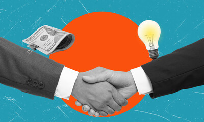 Art collage, handshake between businessmen, wit and money.