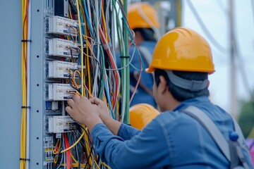 Engineers installing network cables on an outdoor panel