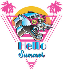 summer poster with Pantera in pink glasses and pink palm around with the phrase "Hello Summer" © marcherry
