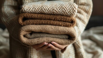 Cozy stack of knitted blankets in woman's hands. AI Generative.