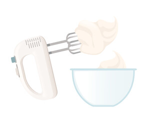Electric mixer with beating cream in glass bowl baking kitchenware vector illustration isolated on white background - 791526570