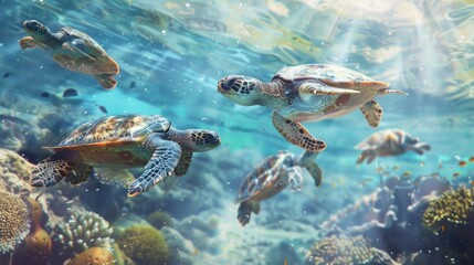 Fototapeta premium A captivating underwater scene with turtles amidst tropical corals AI Generative.