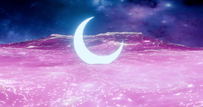blue moon over a pink sea in space. 3d animation of a fantasy sea in space. abstract scene of moon and sea. 3d seascape in space