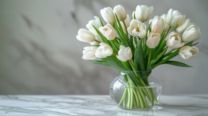 Pristine white tulips in clear vase on marble surface, AI Generative.