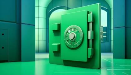 A robust safe embedded in a solid green wall within a bank, symbolizing strength and security in banking, perfect for insurance and safetyfocused content