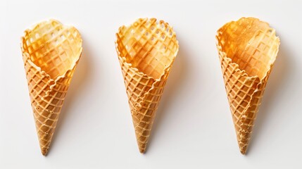 Three empty waffle cones for ice cream on a white background, shown in a row.